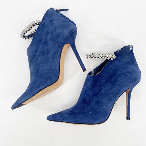 Jimmy Choo Blaize 100 Navy Blue Suede Ankle Bootie Crystal Strap size IT 37 - Picture 5 of 13